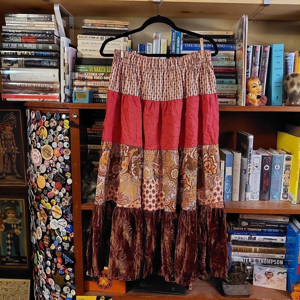 Vintage patchwork skirt with velvet and paisley detail.